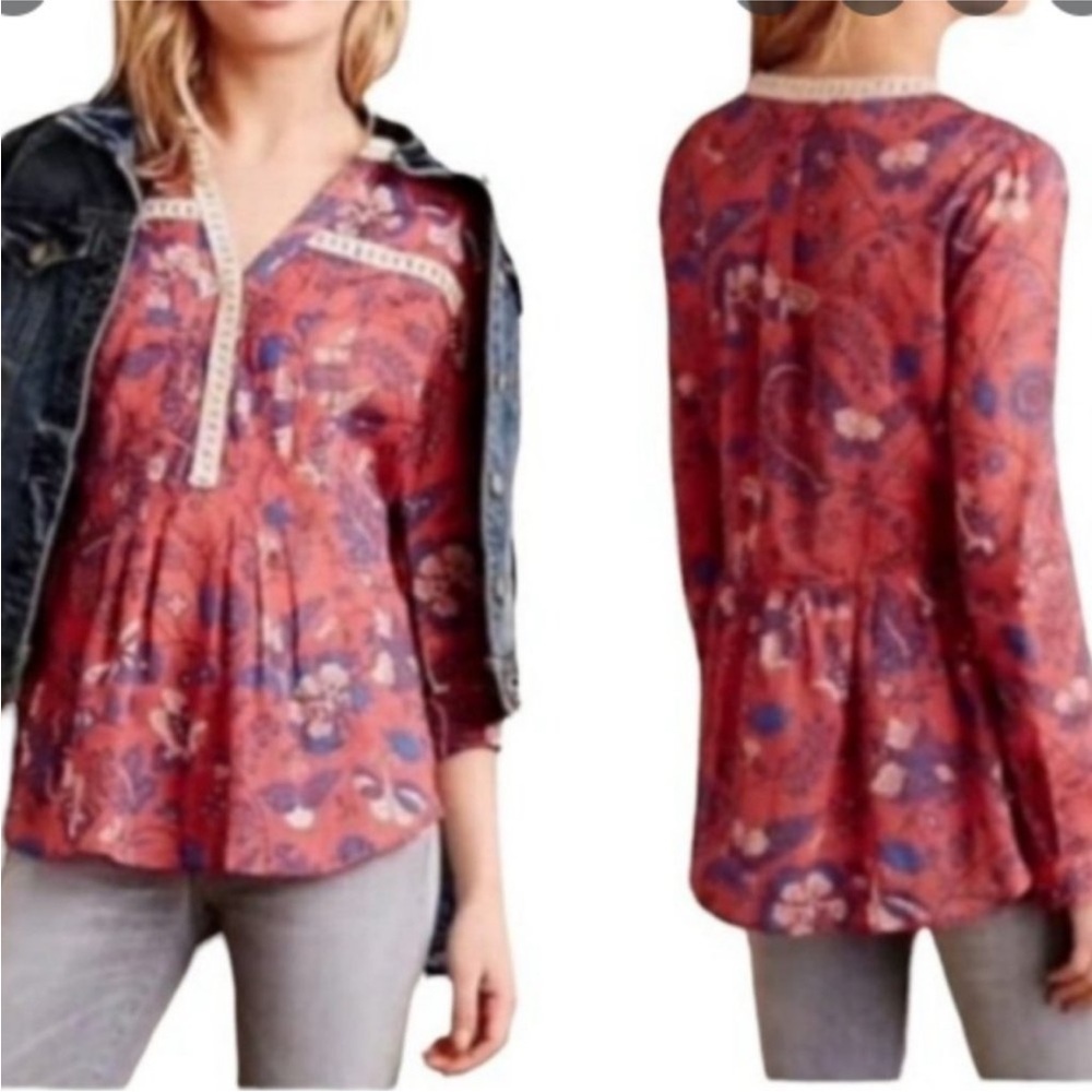 Maeve Anthropologie Abella Floral Butterfly Blouse Size 6 Roll Tab Long Sleeve